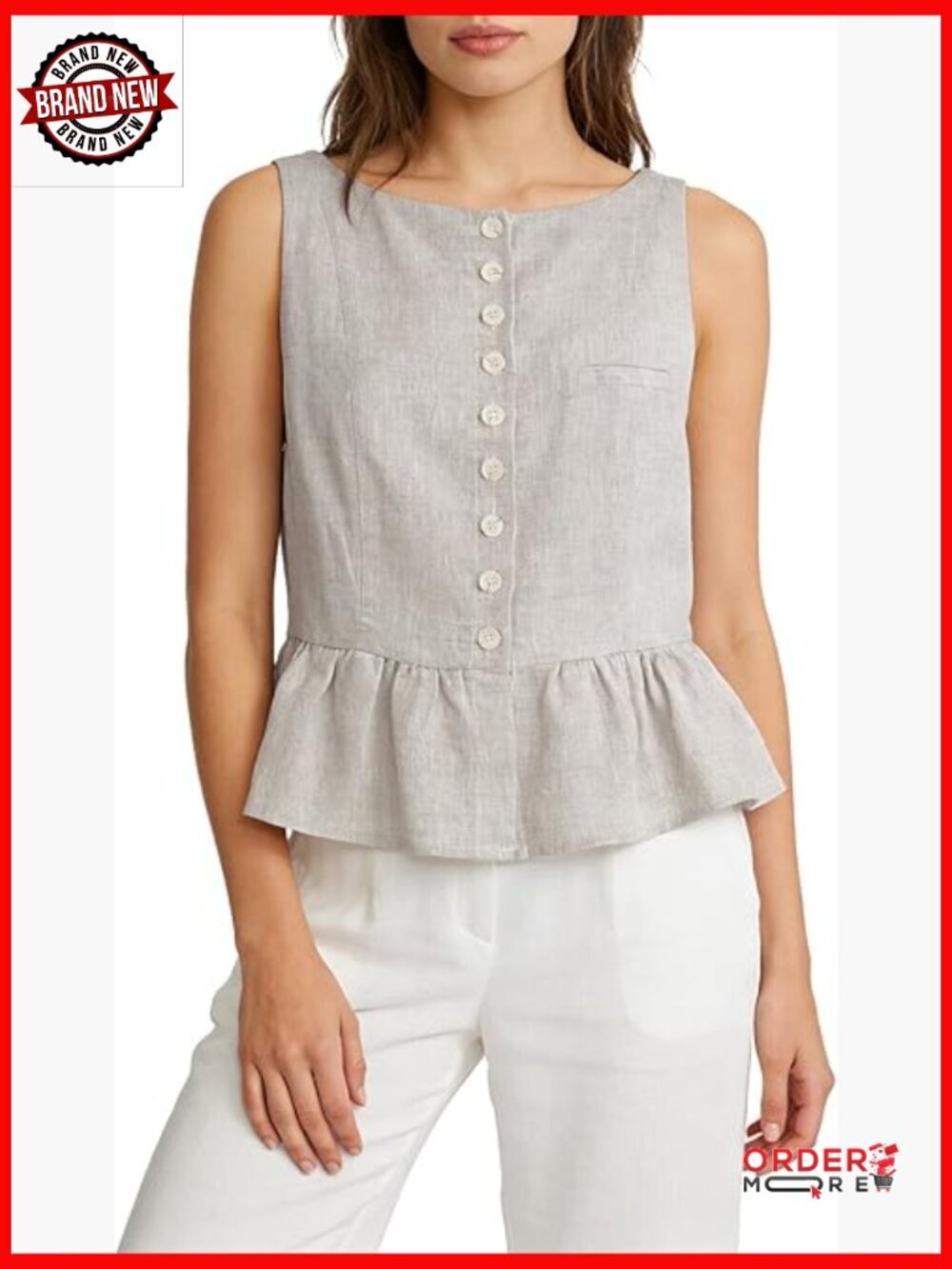 100% Linen Sleeveless Button Down Ruffle Hem Babydoll Blouse Top